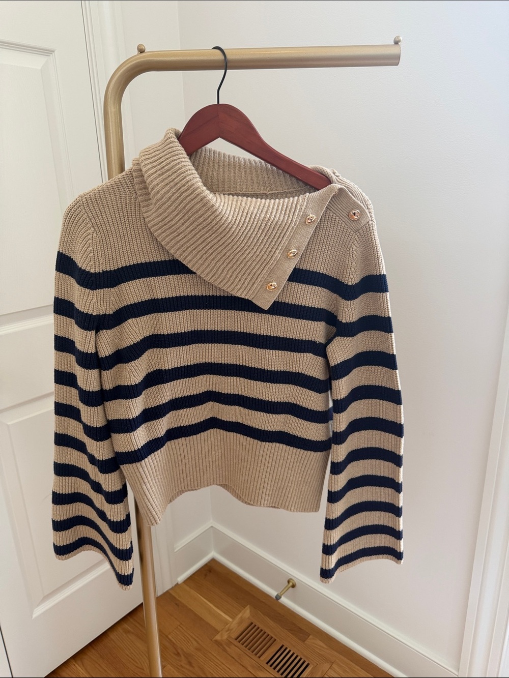 LOFT Beige and Navy Striped Button-Shoulder Turtleneck Sweater